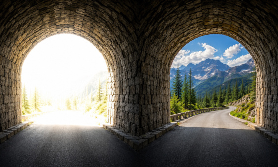 Blick aus einem Tunnel mit überbelichtetem Hintergrund und mit HDR im Vergleich