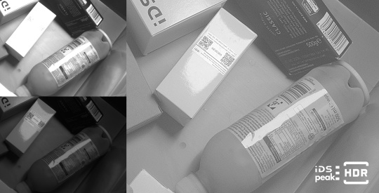 Helle und dunkle Aufnahme von Verpackungen und Flasche sowie HDR-Ergebnis