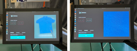 Linkes Display zeigt Bild von blauen T-Shirt, rechts zeigt es eine Detailaufnahme von blauem Stoff.
