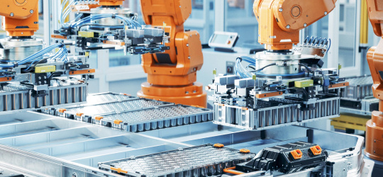 Roboterarme verschieben Gegenstände in einer Maschine.