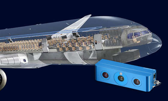 Vorderer Teil eines Flugzeugs mit Blick ins Innere der Kabine mit Ensenso 3D-Kamera im Vordergrund.