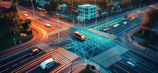 Straßenkreuzung mit Verkehr und angedeutete Fahrspuren der Autos.