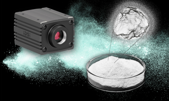 uEye Warp10 neben Petrischale mit sehr feinkörniger Materialprobe und Punktewolke eines Partikels