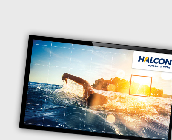 Fenster mit schwarzem Rahmen, indem sich ein Schwimmer im Wasser befindet und das Logo von HALCON.