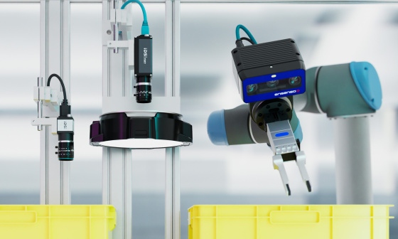 Drei Industriekameras von IDS die in einer Roboterzelle arbeiten