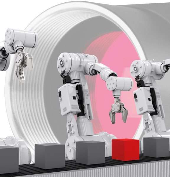 Illustration von Robotern, die vor einer Kamera stehen und Würfel von einem Förderband greifen.