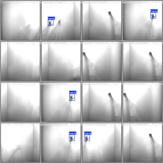 Screenshot mit 16 Feldern zur Unterscheidung von flacher Hand und Faust im Modelltraining.