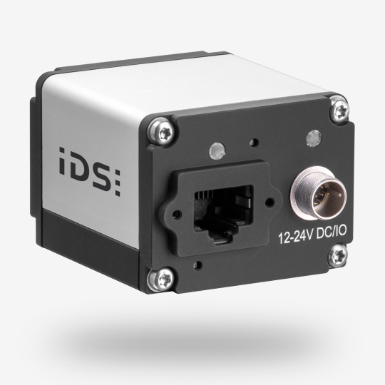 IDS Industriekamera uEye SE schräge Rückansicht mit Anschlüssen.