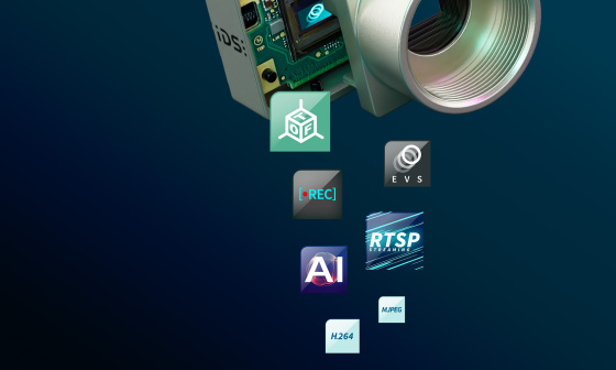 IDS uEye Event-based Kamera mit mehreren Icons für TOF, EVS, REC, RTSP, AI, MPEG, H264.