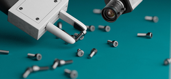 Nahaufnahme eines Roboterarms, der eine Schraube greift und einer IDS Kamera, die es filmt.