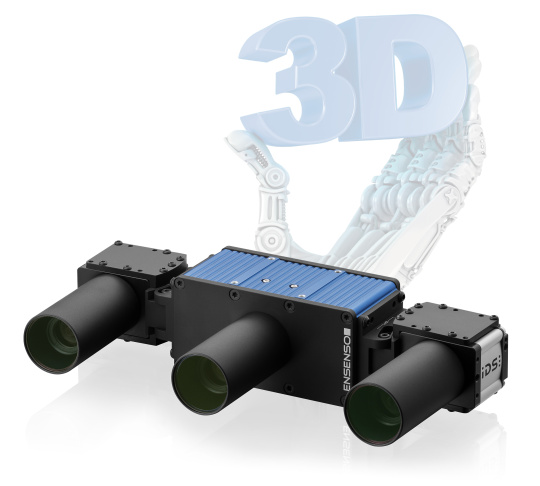 Kamera Ensenso X Serie und im Hintergrund eine Roboterhand, die einen Schriftzug "3D" hält