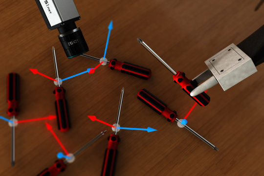 Das neuronale Netz in der IDS NXT Kamera lokalisiert und detektiert die exakte Lage der Objekte. Auf Basis dieser Bildinformationen können sie vom Roboter selbständig gegriffen und abgelegt werden