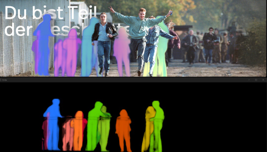 Zweiteiliges Bild mit farbigen Silhouetten von Personen, die in ein historisches Foto eingebaut sind