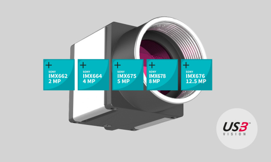 5 Quadrate mit IMX-Sensorbezeichnungen vor IDS-Kamera mit USB3-Vision Icon