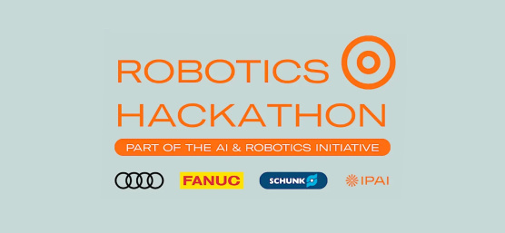 Orangener Text Robotics Hackathon über Logos Partnerfirmen, grauer Hintergrund
