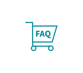 Vektorgrafik eines Warenkorb-Symbols mit dem Text "FAQ", der häufige Fragen zum Webstore symbolisiert.