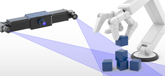 Illustration eines Roboterarms, der Kisten stapelt und einer Ensenso 3D-Kamera.