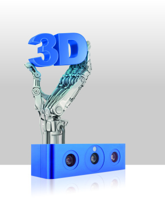 Roboterhand kommt aus einer Ensenso-Kamera und hält Schriftzug 3D.