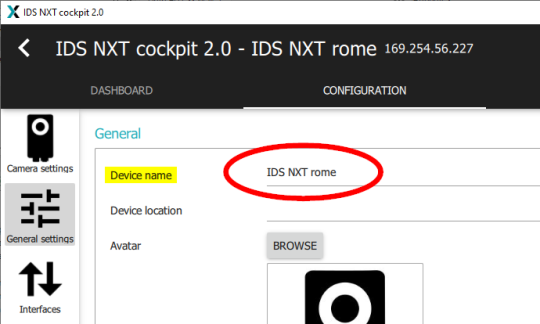 In den Generel settings ist der Device Name IDS NXT rome rot umkreist.