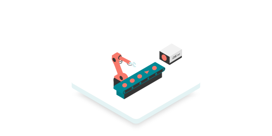 Ein Workflow mit IDS NXT Kamera, einem Fließband mit darauf befindlichen Gegenständen und Robotergreifarm.