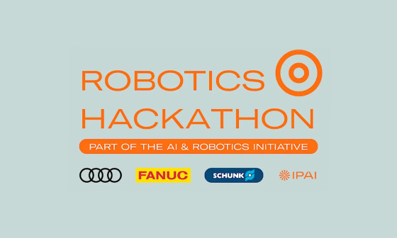 Orangener Text Robotics Hackathon über Logos Partnerfirmen, grauer Hintergrund