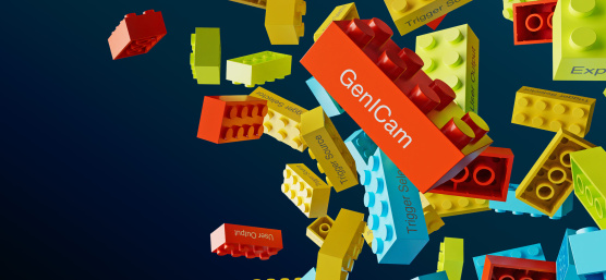 Bunte Legosteine mit Beschriftung lose vor dunklem Hintergrund.
