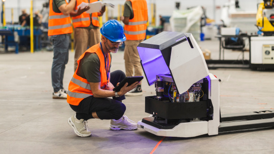 Person prüft einen geöffneten mobilen Roboter mit einem Tablet.