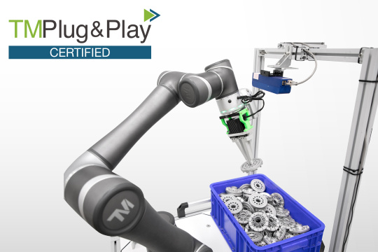 Ein Roboter bei einer Plug-and-Play-Anwendung mit einer Ensenso 3D-Kamera. 