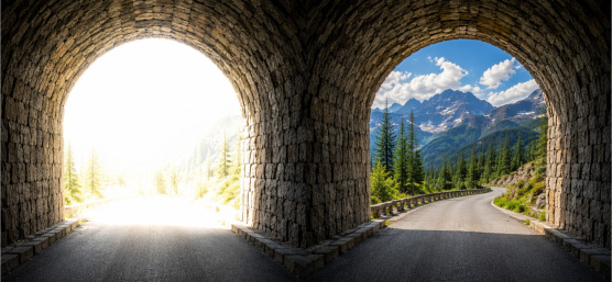 Blick aus einem Tunnel mit überbelichtetem Hintergrund und mit HDR im Vergleich
