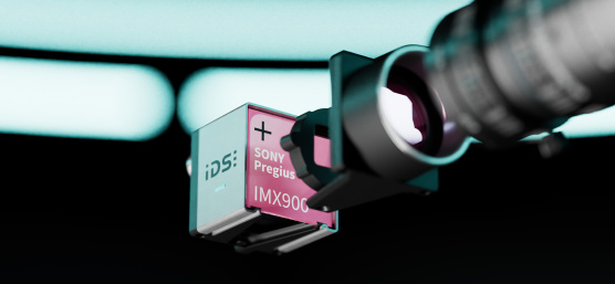 IDS Monitoring-Kamera, Label mit Aufschrift Sony Pregius IMX900 und Objektiv.