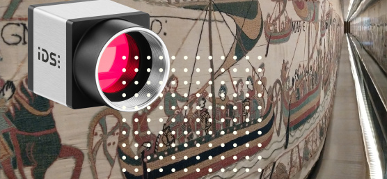 uEye Kamera links oben vor dem Wandteppich von Bayeux, zusätzlich viele Punkte 