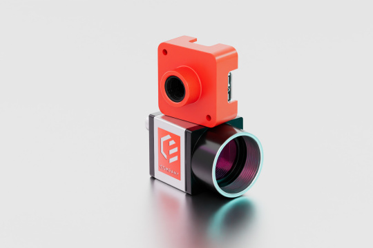 IDS Industriekamera als Beispiel mit orangem Gehäuse und individuellem Logo