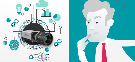 Kombination aus einem realistischen Bild einer IDS NXT Industriekamera mit grafischen Elementen zu Datenverarbeitung sowie eine stilisierte, nachdenkliche Zeichnung einer Person