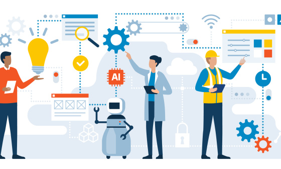 Grafische Darstellung von zwei Menschen und ein Roboter, viele verschiedene Symbole wie AI, WLAN oder Zahnräder 