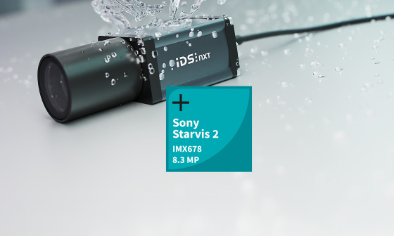 Wasserstrahl trifft IDS NXT oslo, daneben Sony Starvis 2 IMX678 Icon.