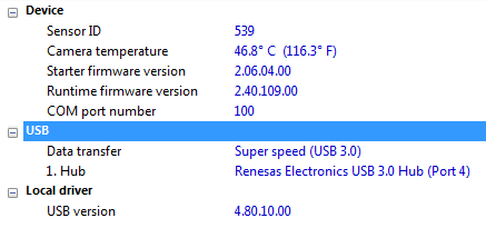 Der IDS Kameramanager zeigt USB-Verbindungsparameter zu einer Kamera.
