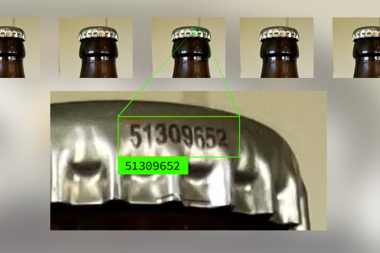 Die Produktionsnummer auf dem Kronkorken einer Flasche ist durch das Formwerkzeug ungleichmäßig verzogen und damit schwer maschinell zu lesen.