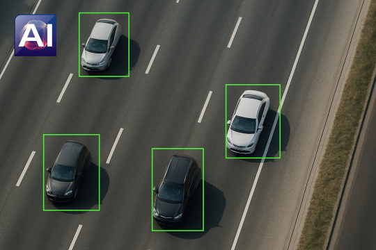 Autos auf einer Straße werden von der Kamera erfasst und AI Icon