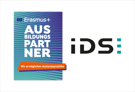 Die Zusammenarbeit von IDS mit Erasmus wird mit den jeweiligen Siegeln dargestellt.
