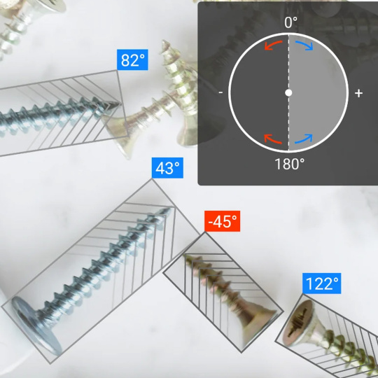 Schrauben mit markierten Drehwinkeln und Diagramm zur Rotationsrichtung